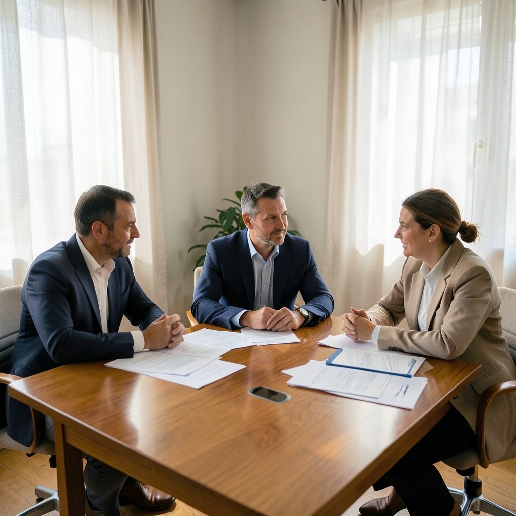 Equipo de asesoría laboral conversando en una sala de reuniones luminosa