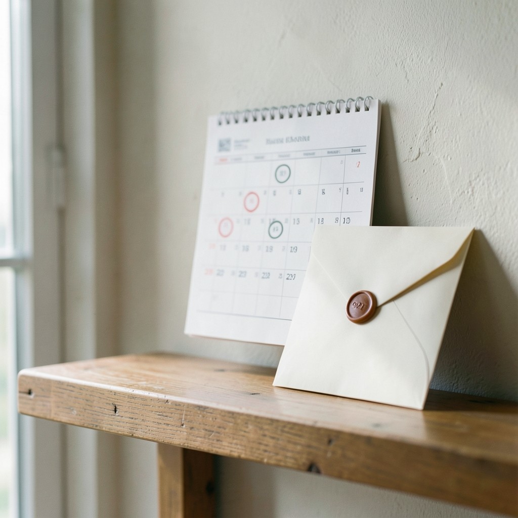 Calendario de pared con días marcados junto a una carta formal
