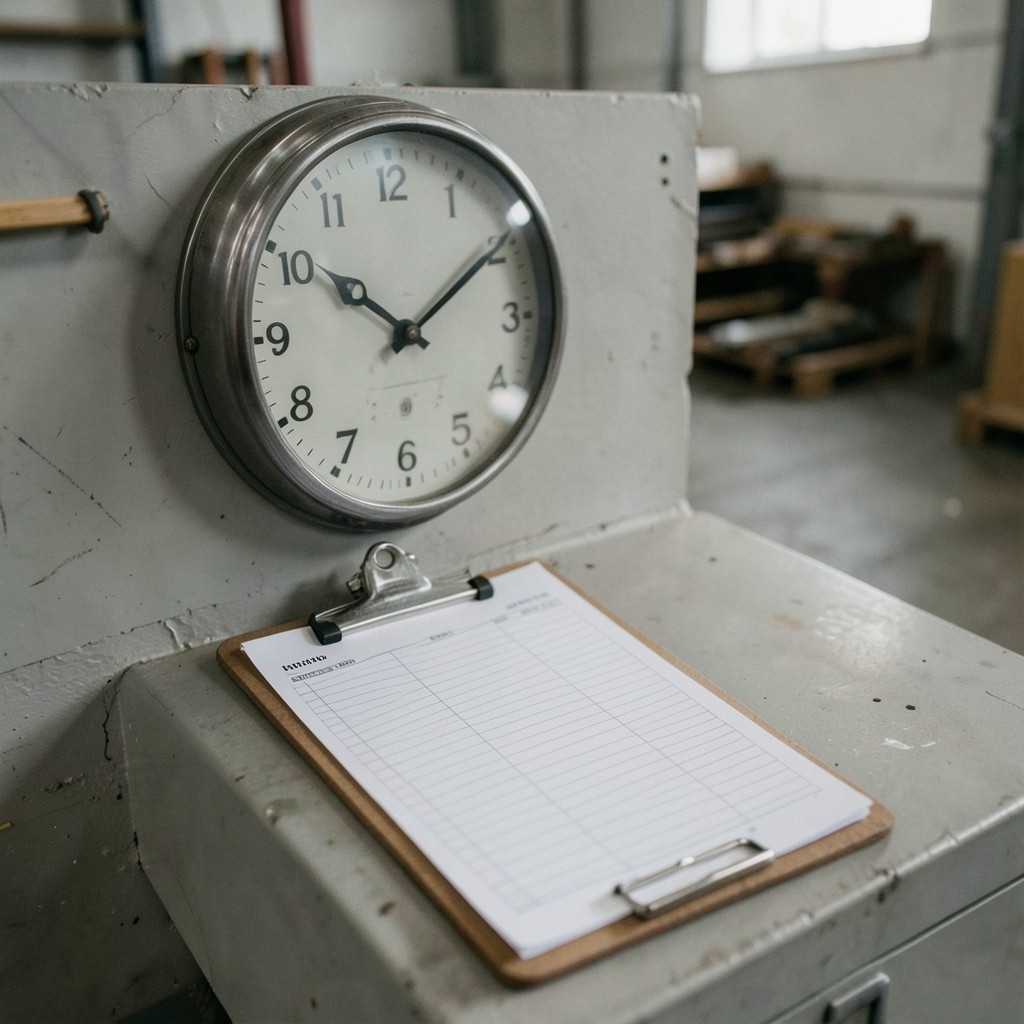 Reloj de pared junto a un registro de fichajes en papel