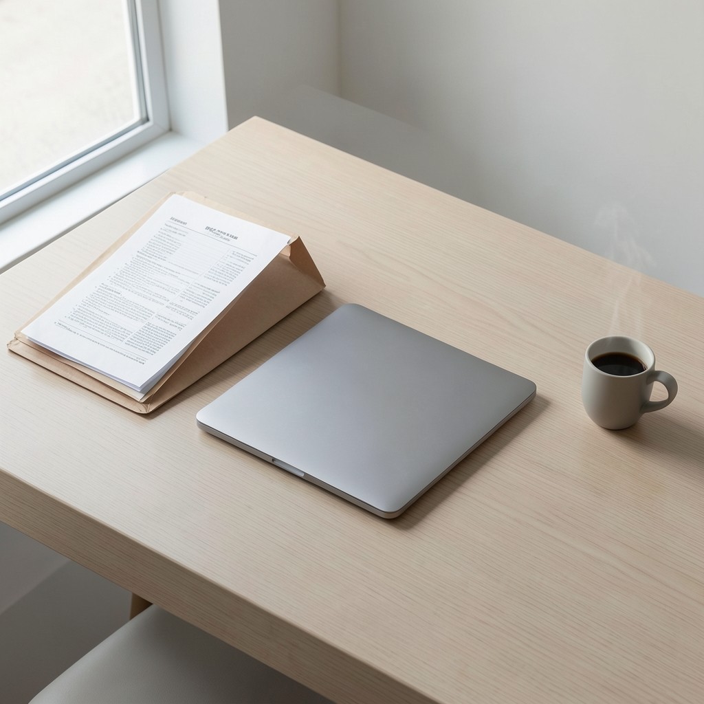 Carpeta de expediente laboral abierta junto a un portátil en una mesa de despacho