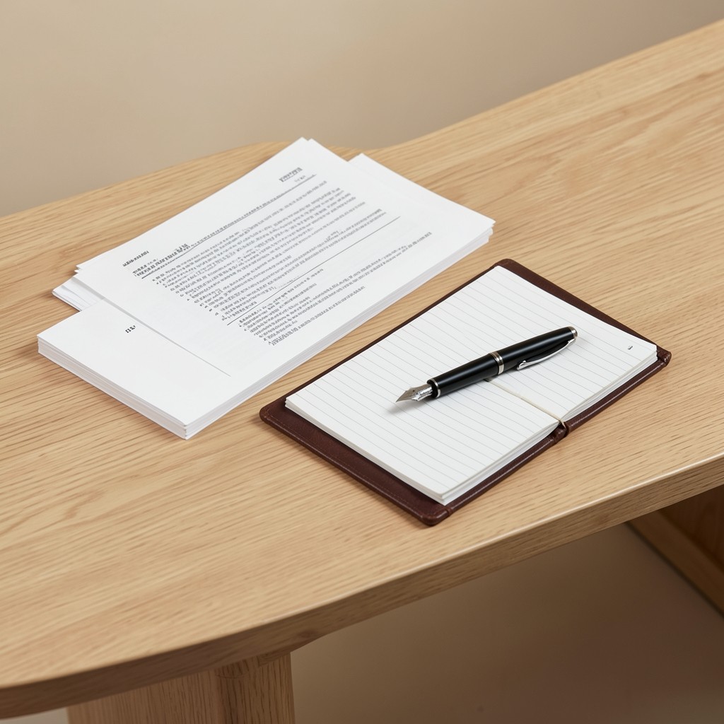 Mesa de consulta con documentos laborales y cuaderno de notas