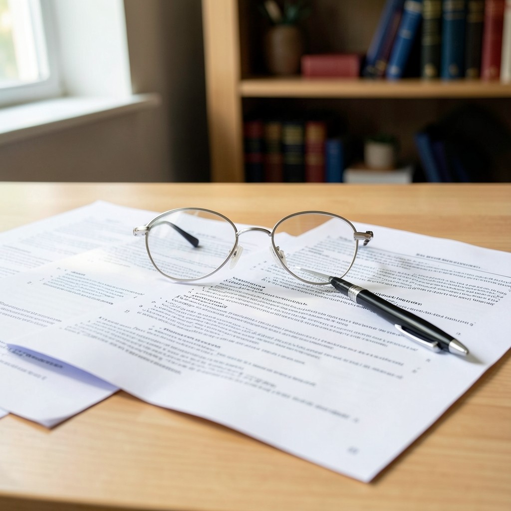 Contrato de trabajo sobre escritorio con bolígrafo y gafas